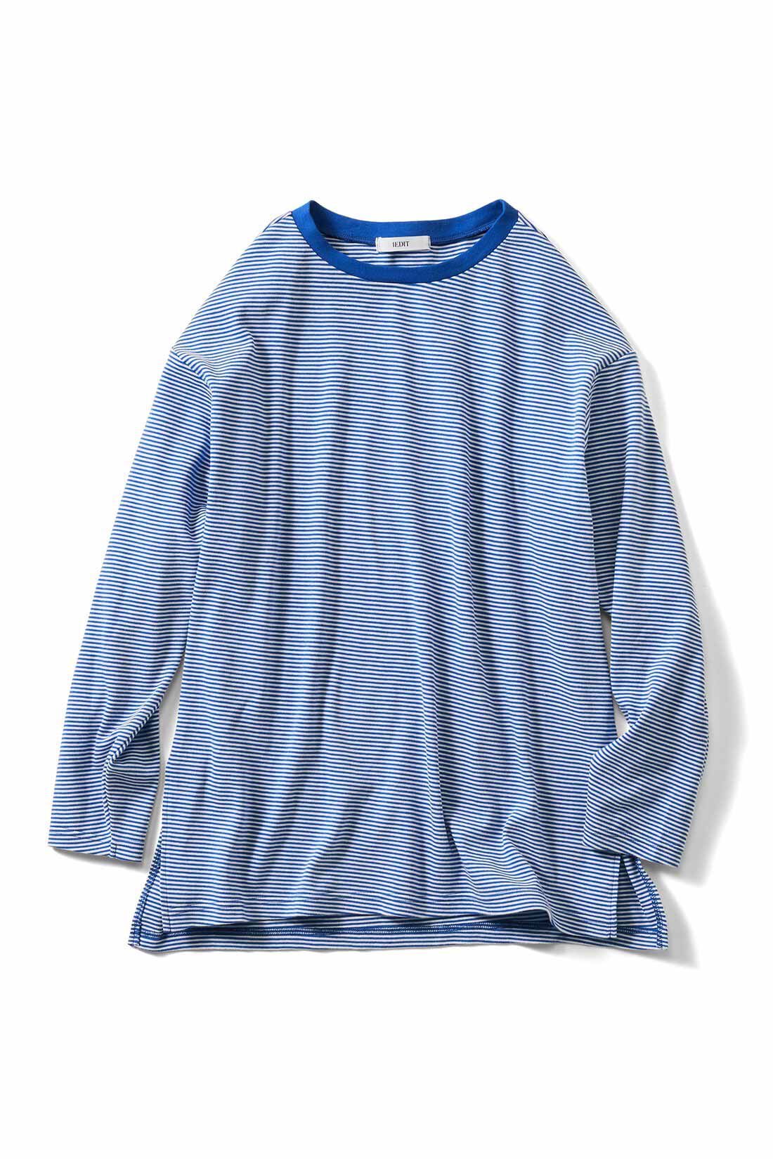 Real Stock|Live love cotton（R）プロジェクト IEDIT[イディット]　極細ボーダーが大人っぽい オーバーサイズリンガーTシャツ〈ブルー×オフホワイト〉|ブルー×オフホワイト