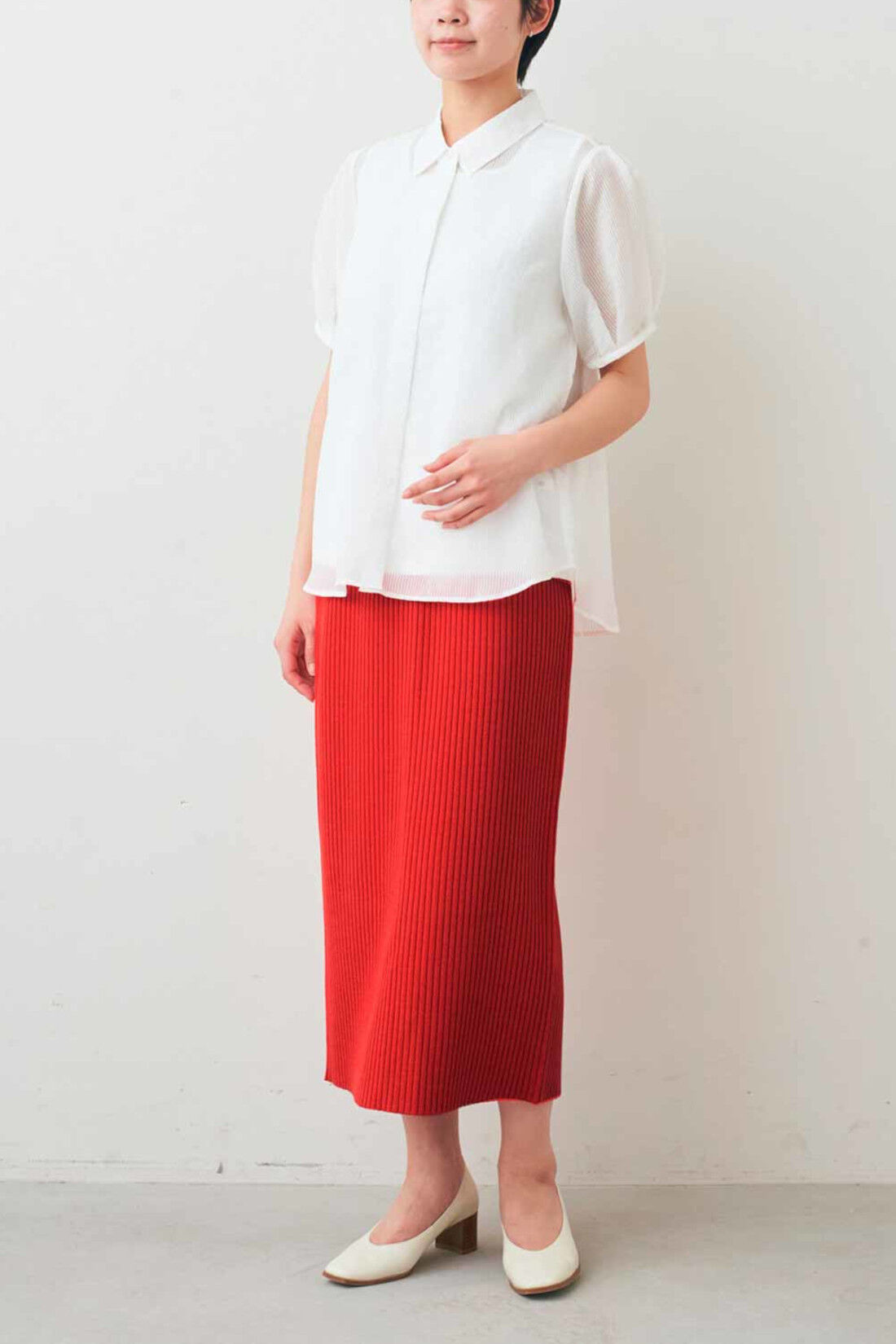 Real Stock|IEDIT[イディット]　小森美穂子さんコラボ 接触冷感がうれしい シャリ感リブニットスカート〈レッド〉|モデル身長：163cm　着用サイズ：M