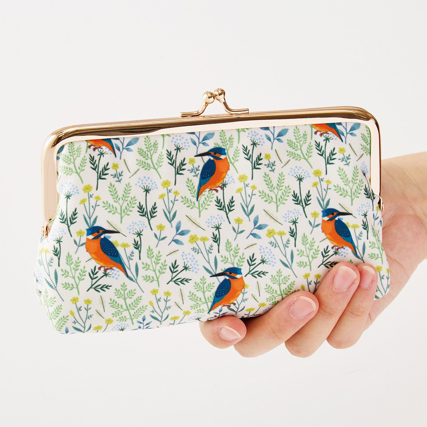Real Stock|バードライフさんと一緒につくった　野鳥と花々のがま口ポーチ|出し入れしやすく使いやすいサイズ。