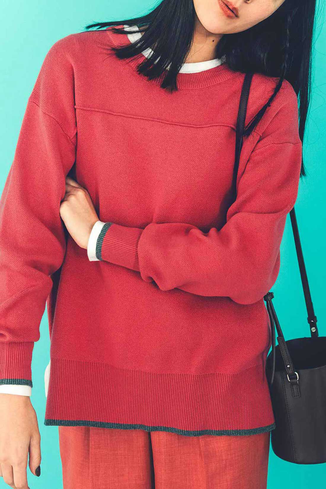 Real Stock|リブ イン コンフォート　スウェット感覚で着られる コットン100％のニットトップス〈ベリーピンク〉