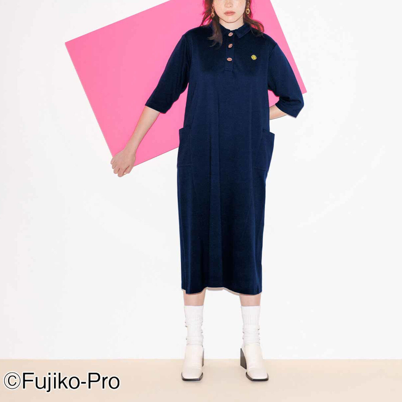 Real Stock|ドラえもん すらりきれい見え♪ 大人の上品かのこポロ衿ワンピース〈吸水速乾〉