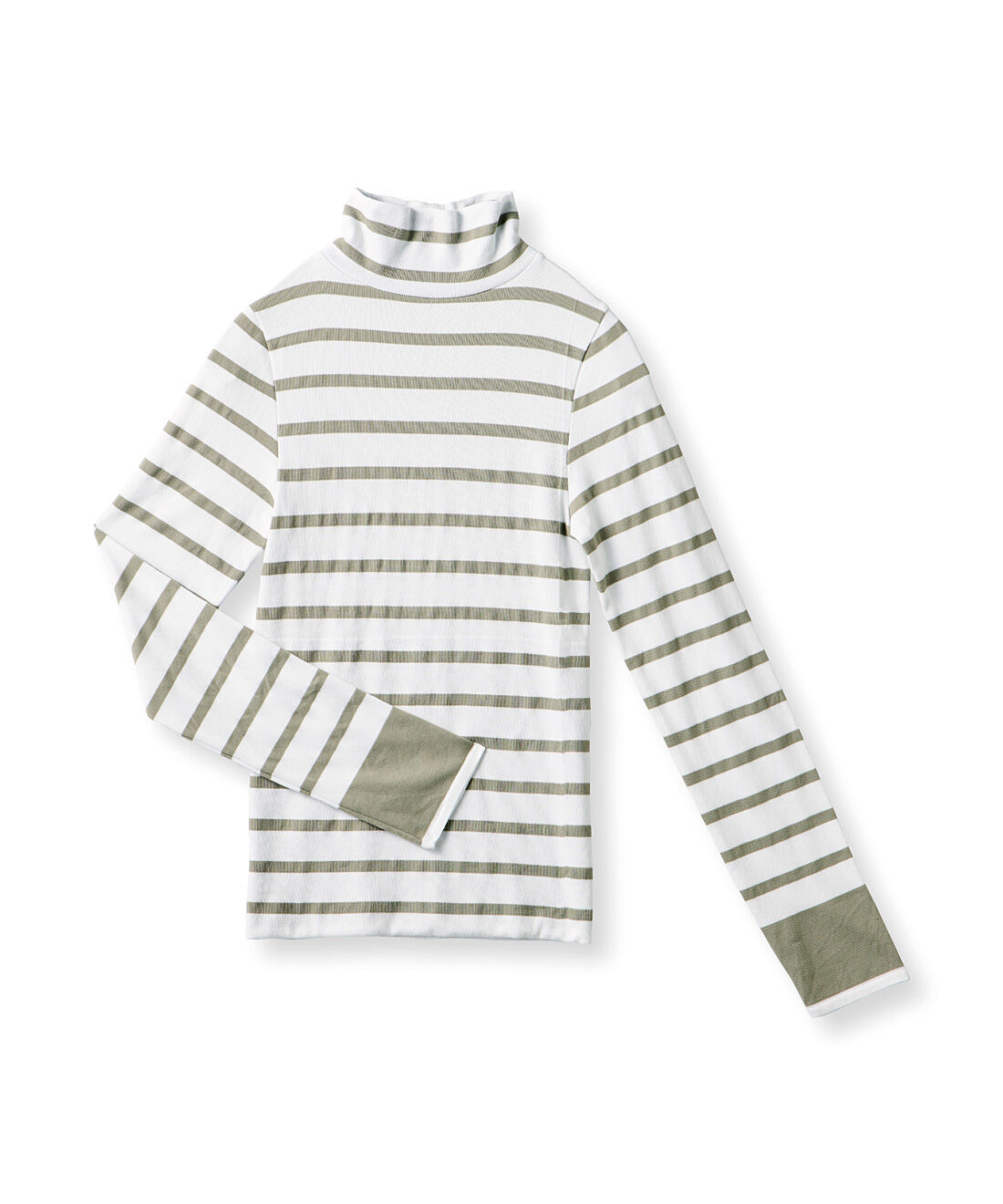 Real Stock|パーツあたためでもたつかない　知的なボーダー柄のハイネックインナートップス〈カーキ&times;ホワイト〉