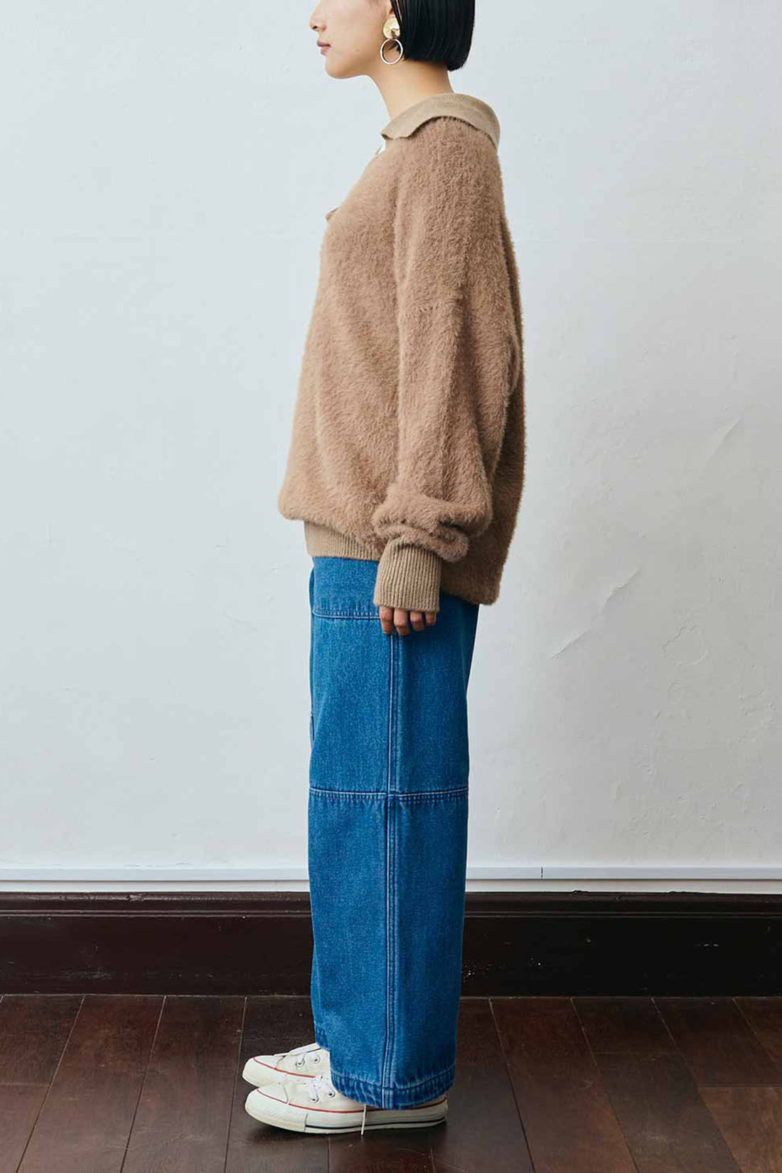 Real Stock|MEDE19F ヘアリースキッパーニット〈モカブラウン〉|モデル身長：158cm　着用サイズ：M