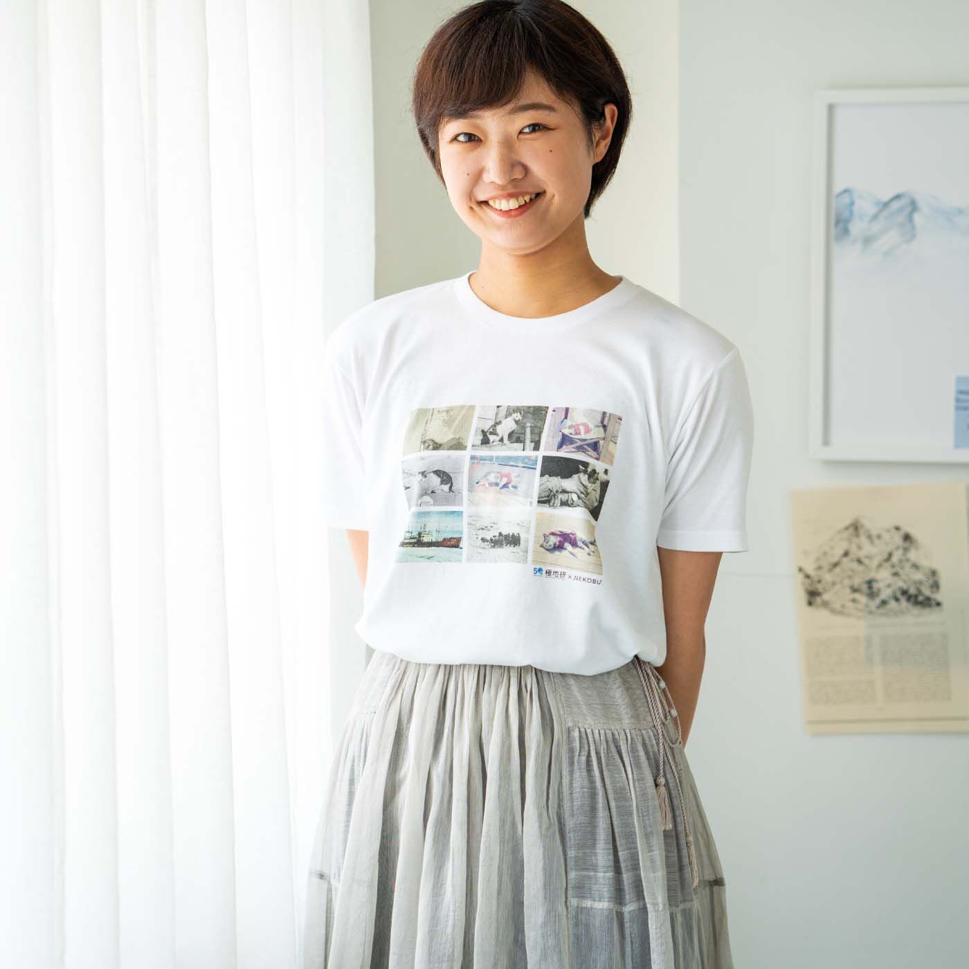Real Stock|国立極地研究所×猫部　南極へ行った猫たけしの思い出Tシャツ|モデル身長165cm　サイズ1着用