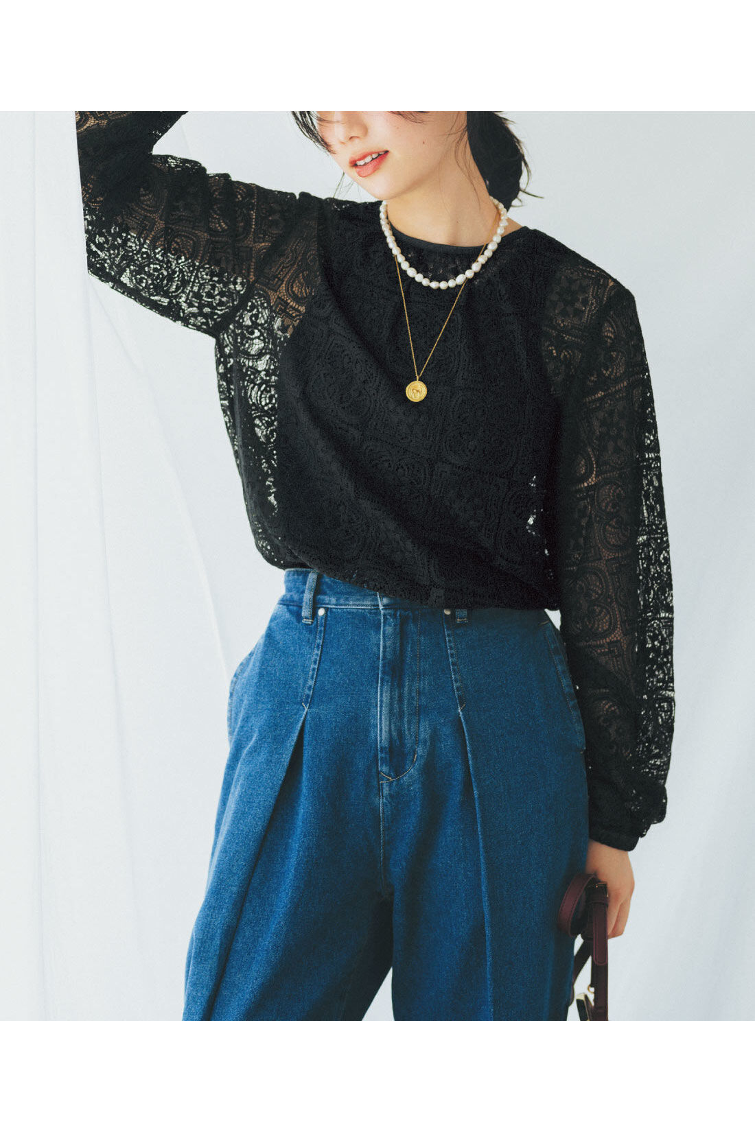 Real Stock|IEDIT[イディット]　前後2-WAYで着られる 総レースブラウス〈ブラック〉