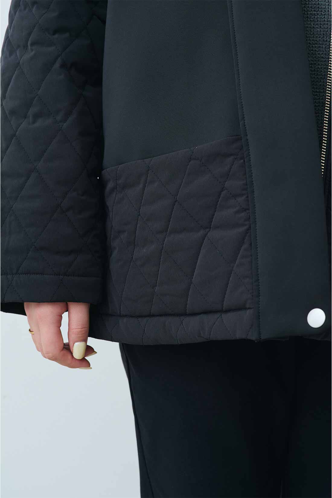 Real Stock|IEDIT[イディット]　すっきり着られるダンボール素材&times;キルティングの上品切り替えコート〈ブラック〉