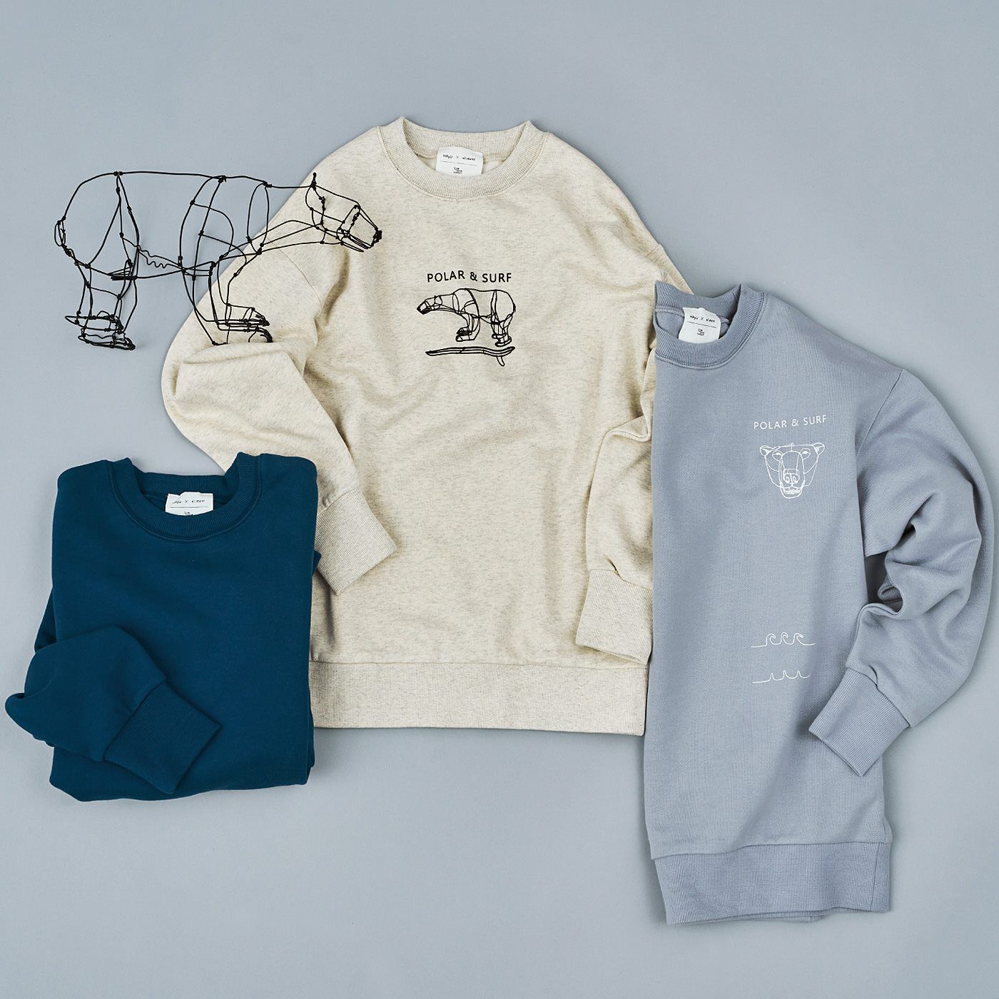 Real Stock|Live love cottonプロジェクト　el:ment×HAyU　白くまのワイヤーアートを愉しむ　オーガニックコットンの裏起毛トレーナー〈白くまの波乗り〉