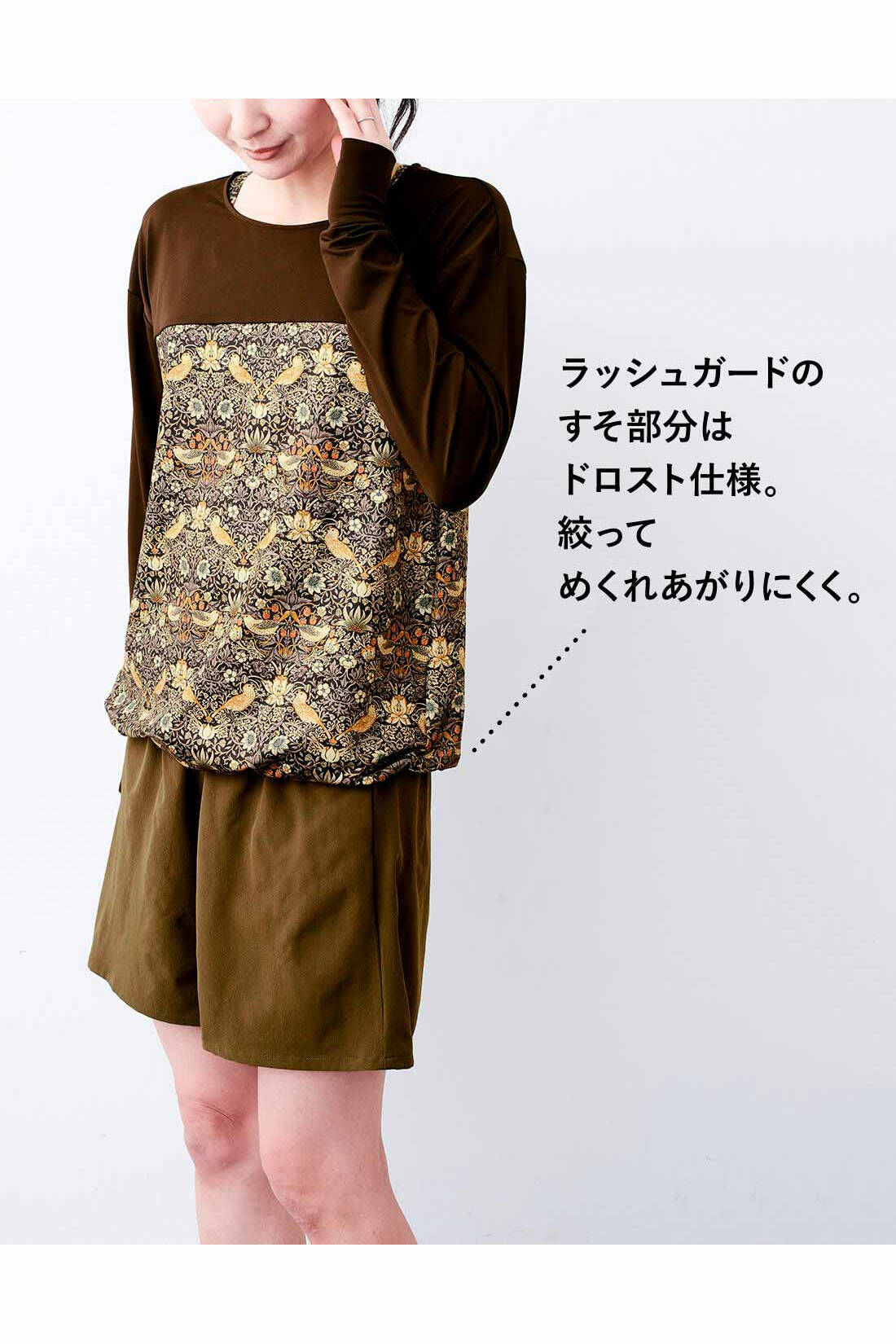 Real Stock|【3～10日でお届け】リブ　イン　コンフォート　大人モリスの世界「いちご泥棒」柄を秘めた優美な水着セット〈ブラウン〉