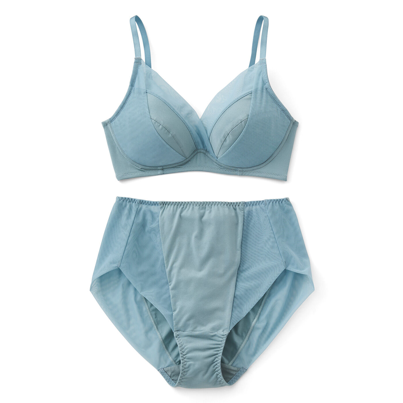 Real Stock|バストに沿って若胸印象 大人なシアーと光沢感で魅せる わき高ブラ＆ショーツ〈ライトリバーブルー〉|〈ライトリバーブルー〉
