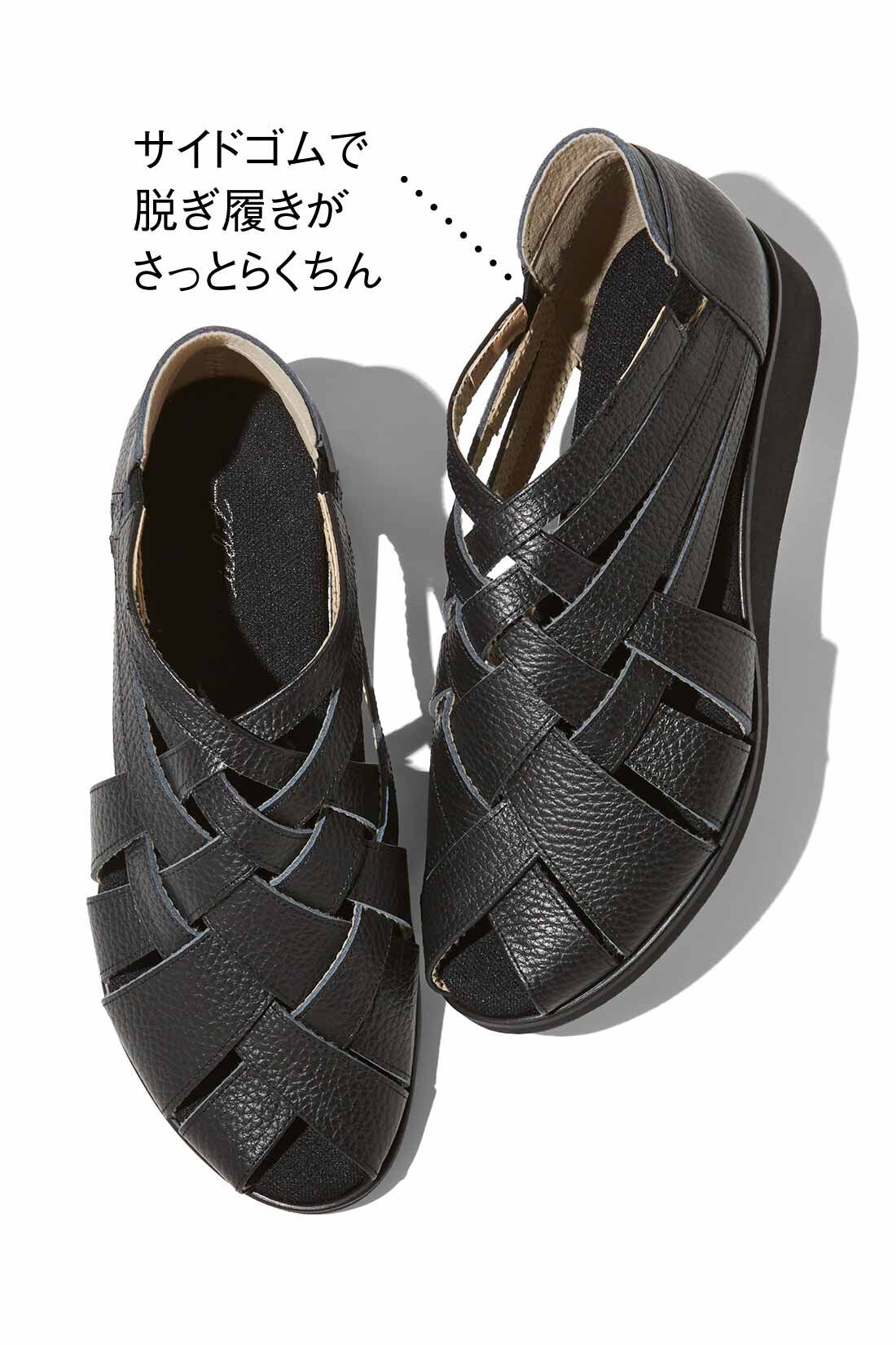 Real Stock|気になる部分をきれいに隠してくれる イタリアンレザー 国産メッシュサンダル〈ブラック〉