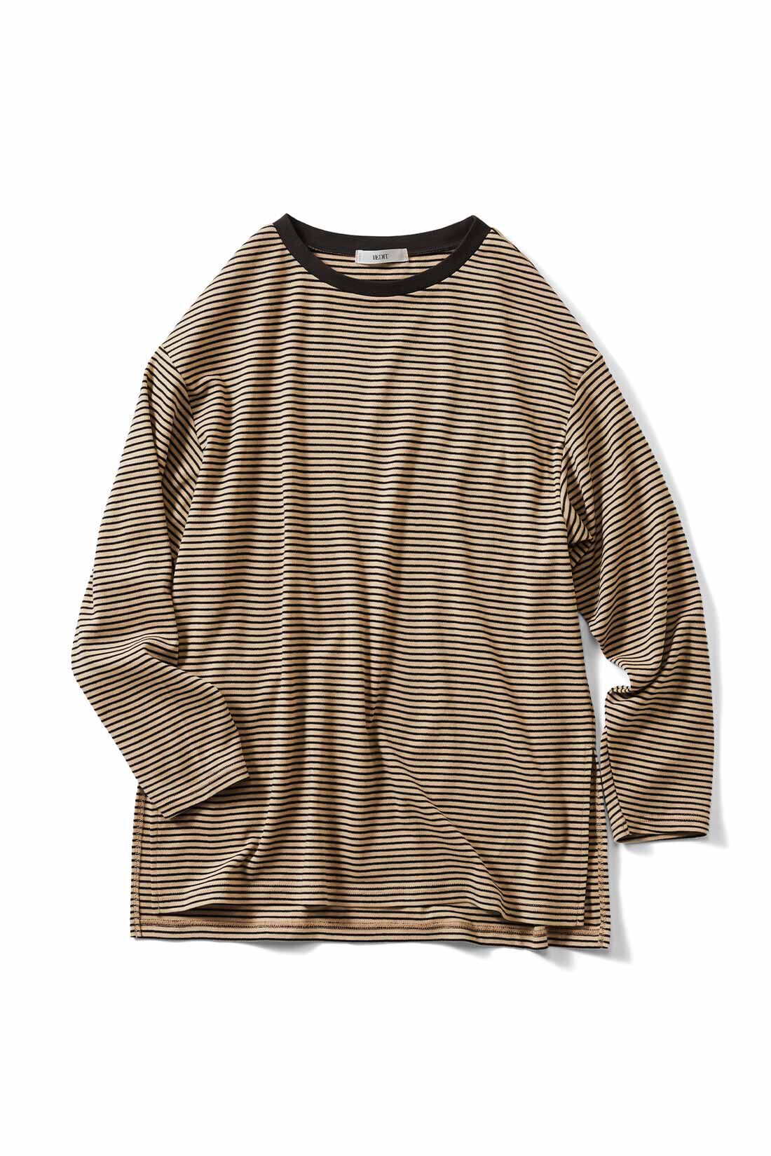 Real Stock|Live love cotton（R）プロジェクト IEDIT[イディット]　極細ボーダーが大人っぽい オーバーサイズリンガーTシャツ〈ブラック×ベージュ〉|ブラック×ベージュ ※ネック部分はダークブラウンです。