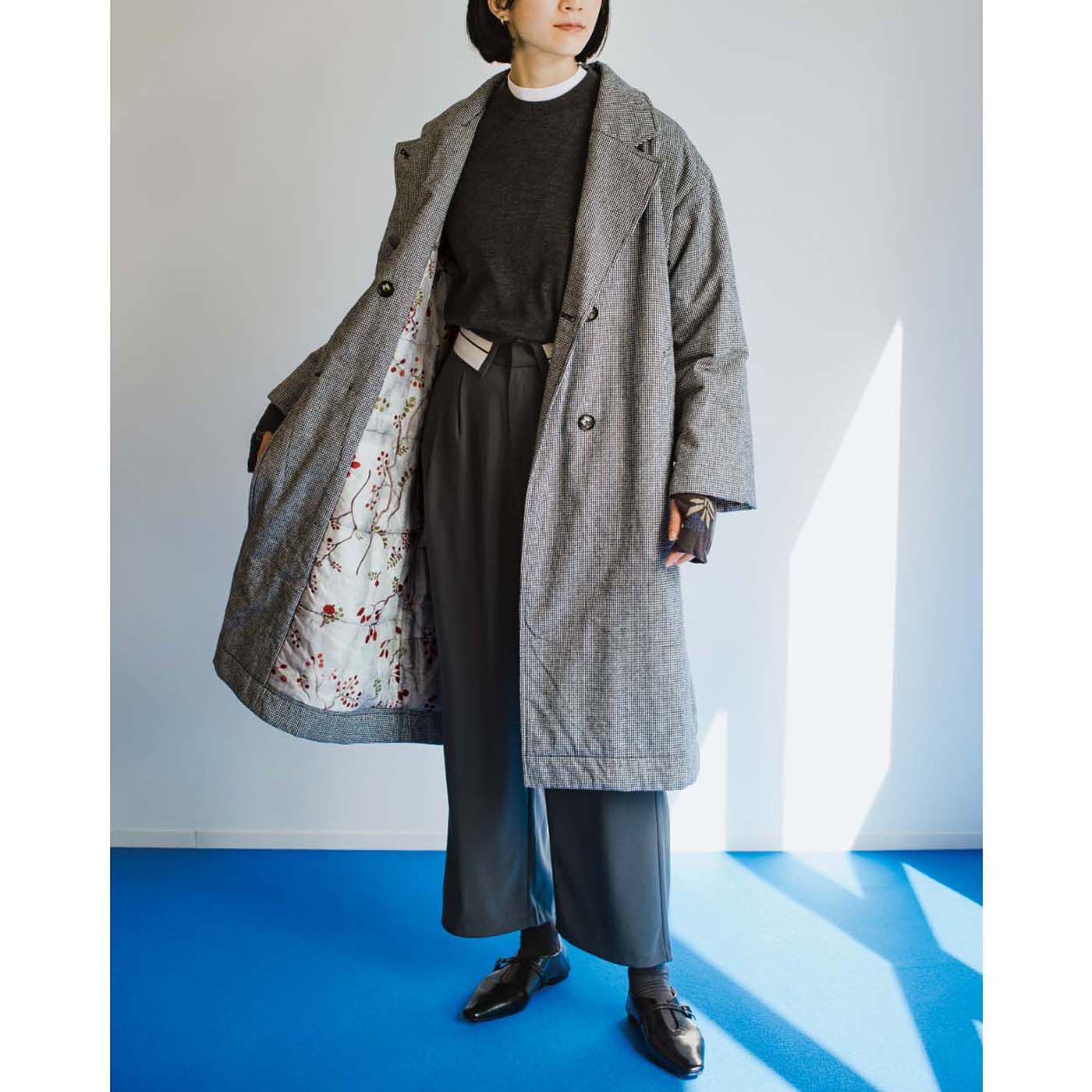 Real Stock|el：ment×山本祐布子 内側ひらりバラの実が華やぐ 中わた入りで軽やか マフラーいらずジャケットコート