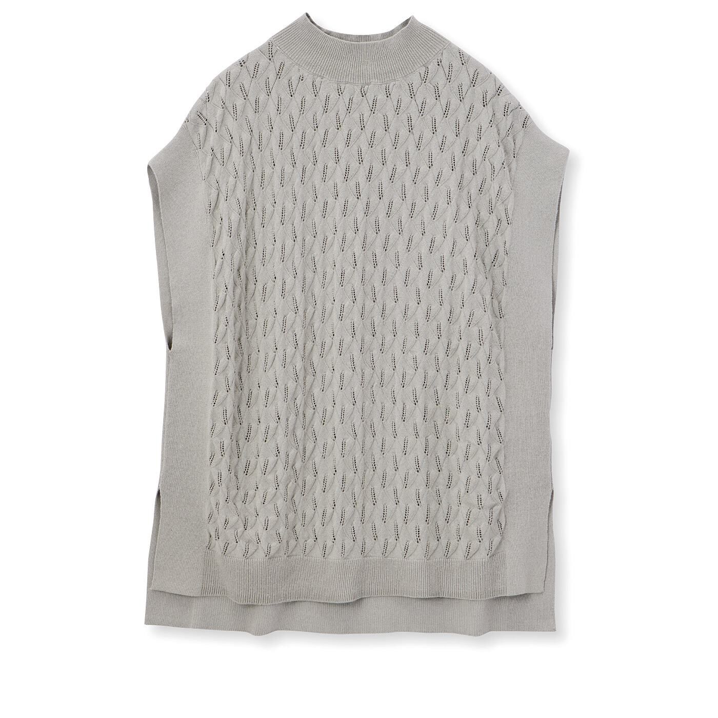 Real Stock|el:ment　リーフの透かし編みで風通る　コットン100％で軽やか　ハイネックニットベスト〈シルバーグレー〉|〈シルバーグレー〉