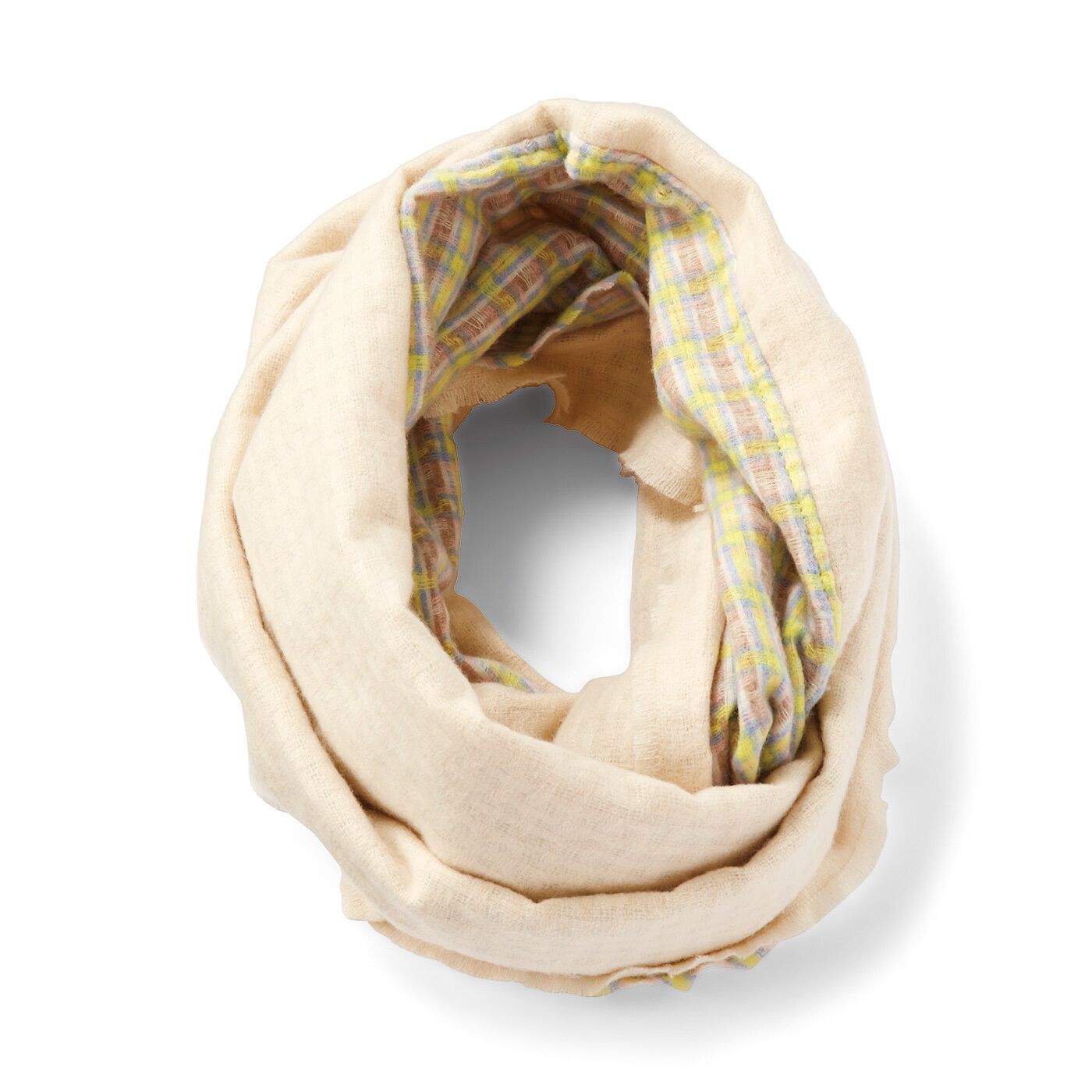 Real Stock|フラウグラット　kazumiさんと選んだ いろいろ使えるふんわり大判スヌード〈ミモザブーケ〉|巻いたりかけたりしやすい筒状の形。