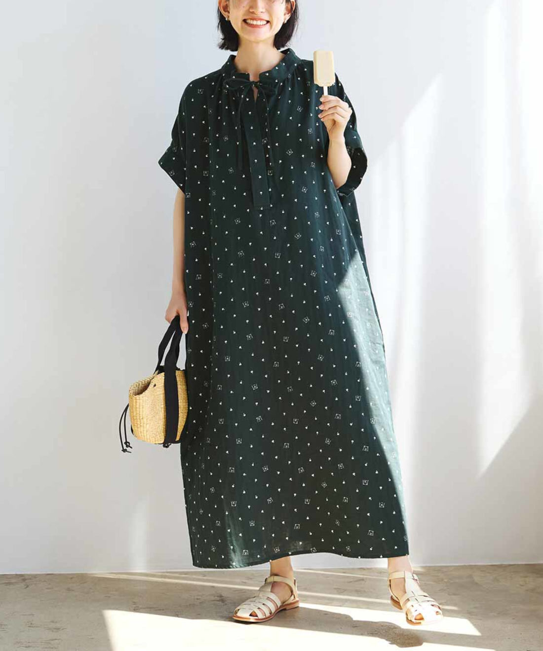 Real Stock|【3～10日でお届け】旭山動物園・ボルネオの森応援商品　リブ　イン　コンフォート　コットン１００％でやさしい肌心地の　ホッキョクグマダブルガーゼワンピース〈モスグリーン〉