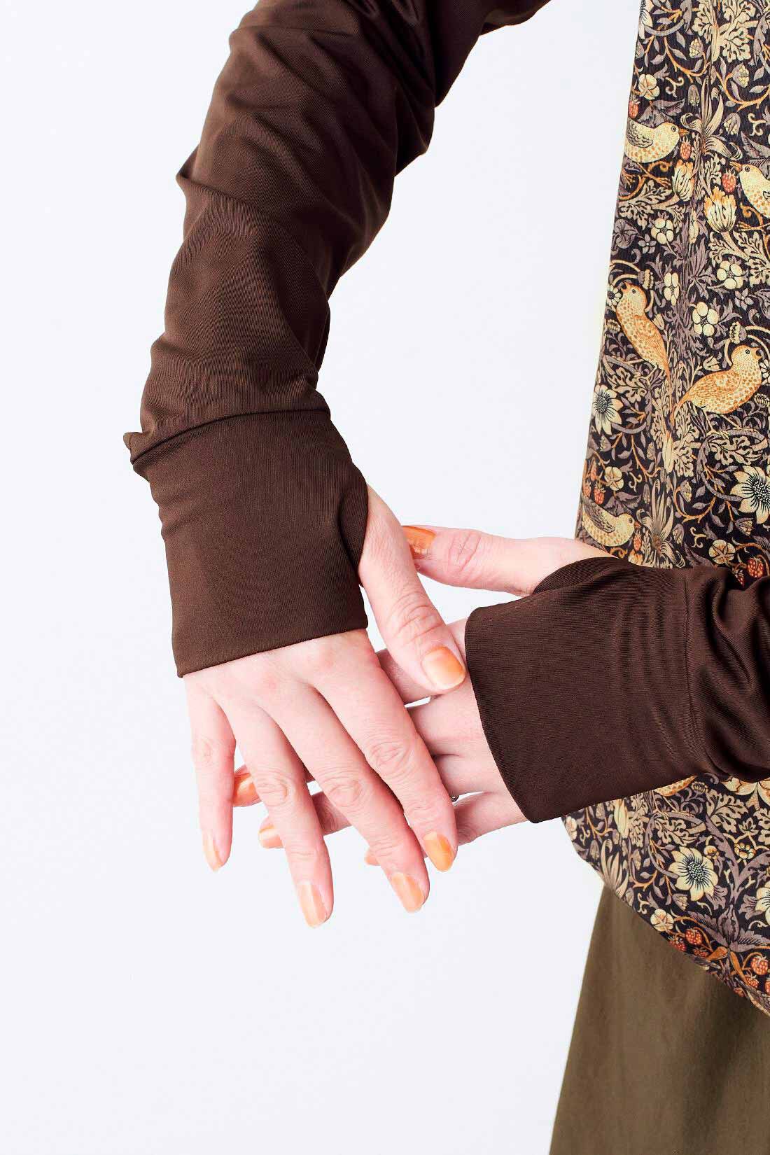 Real Stock|【3～10日でお届け】リブ　イン　コンフォート　大人モリスの世界「いちご泥棒」柄を秘めた優美な水着セット〈ブラウン〉|サムホール付きで気になる手の日焼けも安心。