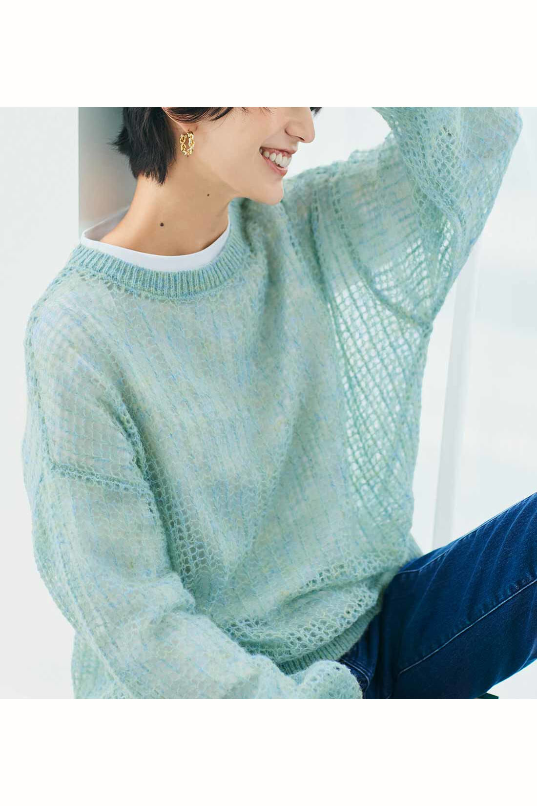 Real Stock|IEDIT[イディット]　やさしく透ける ふわほわシアーニットトップス〈エアリーミントグリーン〉