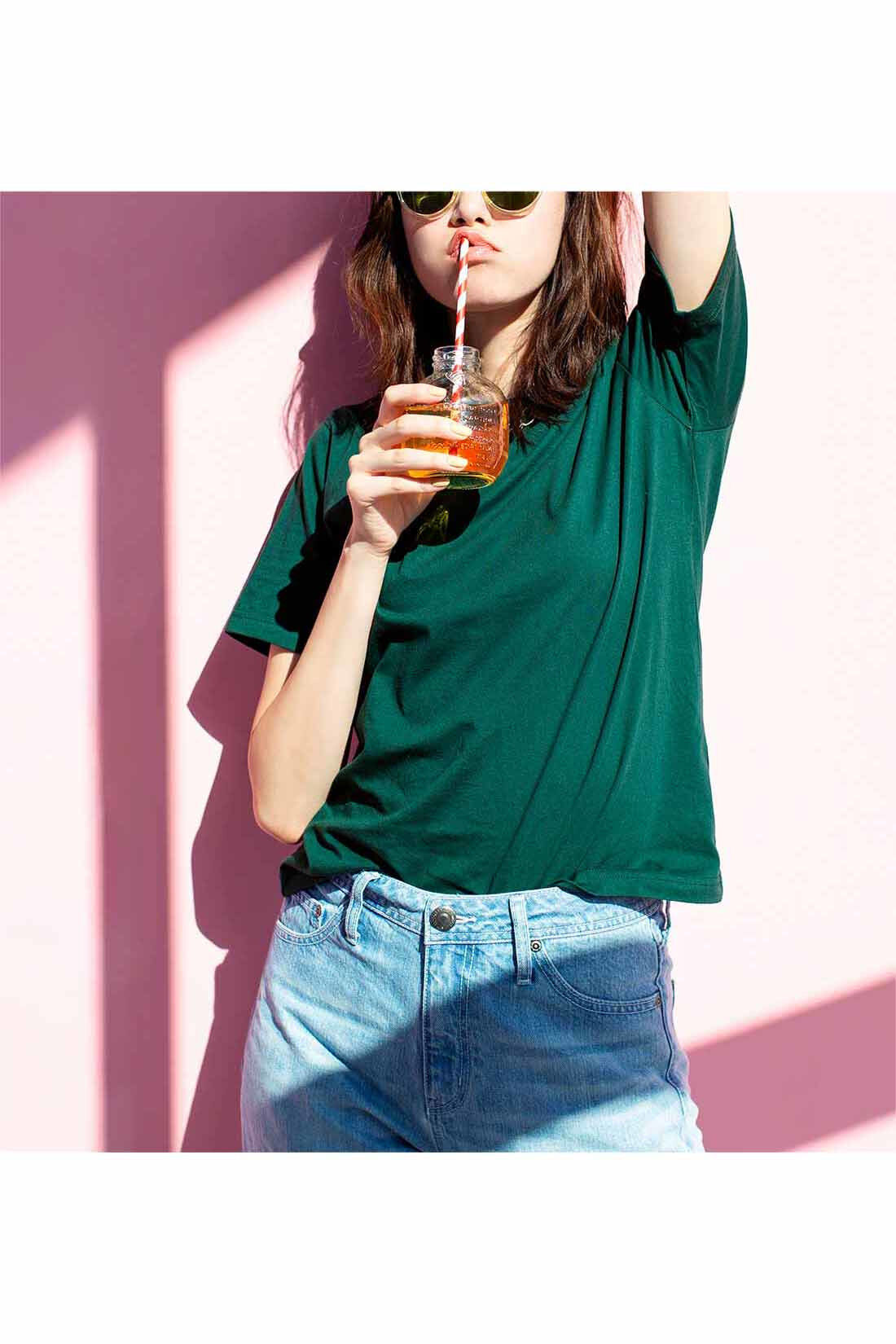 Real Stock|Live love cotton（R）プロジェクト リブ イン コンフォート きれいシルエットのパックTシャツ＆タンクトップセット〈ブラック＆グリーン〉