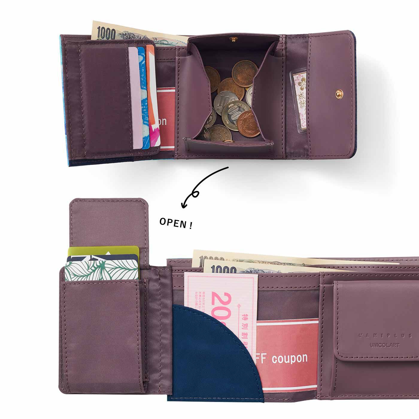 Real Stock|ラミプリュス×ユニカラート 小さくたってやりくり上手 大人の賢い7つ星 二つ折り財布|中身を入れるとこんな感じ。小銭入れがガバッと開きます。
