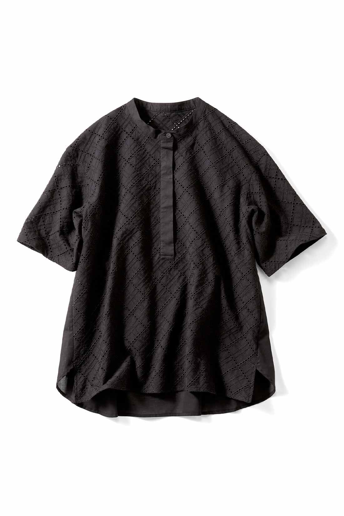 Real Stock|リブ イン コンフォート　レースの透け感を楽しむ 大人のブラックプルオーバーブラウス〈シャツ袖〉|シャツ袖