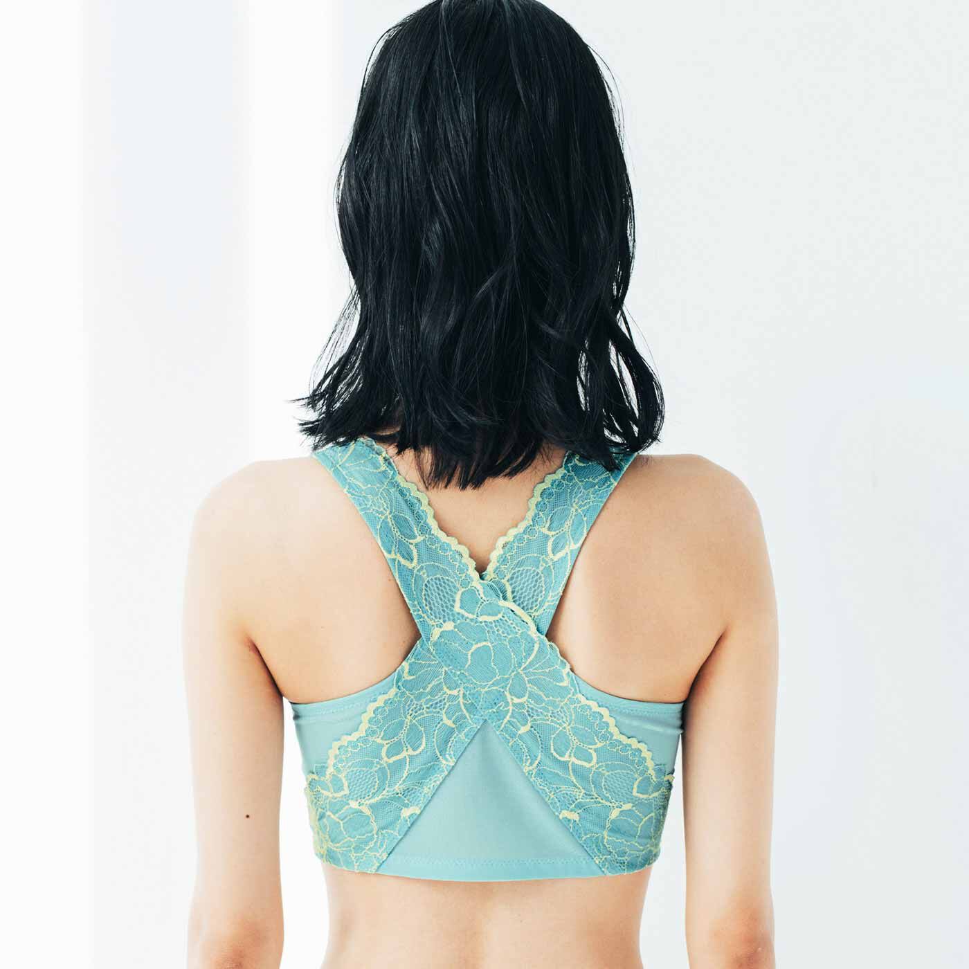 Real Stock|肩甲骨をらくらく意識で背筋ピン！ ヨガ気分ブラ〈フローラルレース〉〈レモン〉|これは参考画像です。お届けするカラーとは異なります。