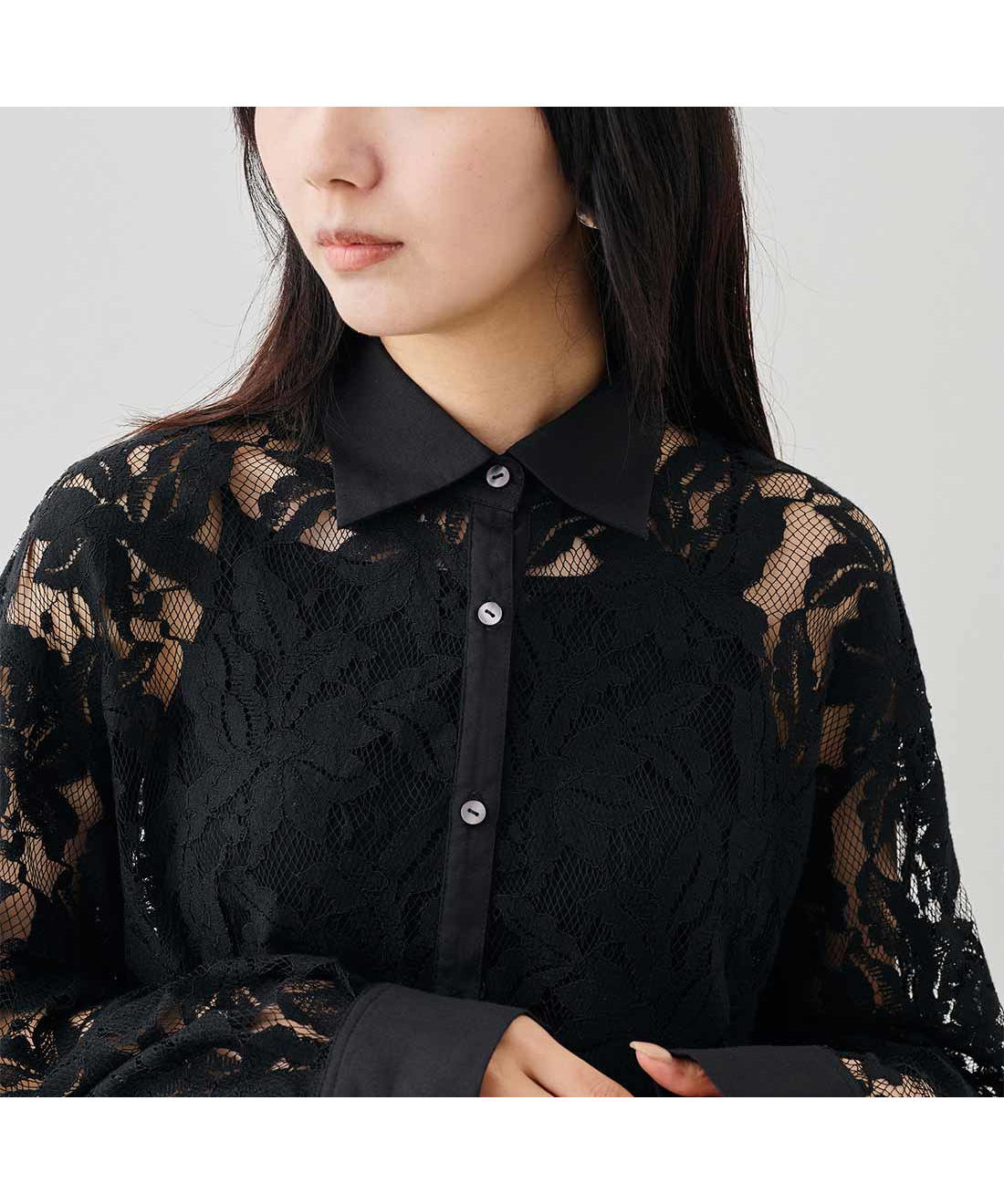 Real Stock|MEDE19F　レースドレスシャツ〈ブラック〉