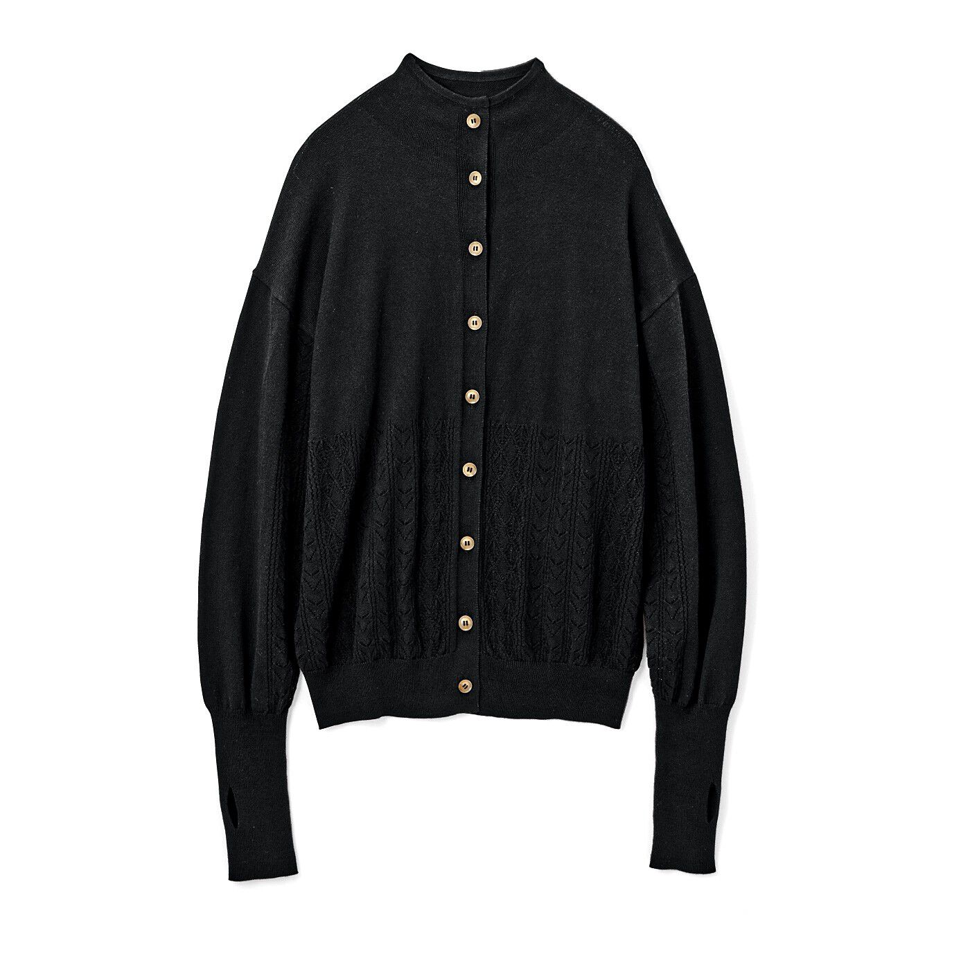 Real Stock|el:ment　透かし編みで風通る　部分UVカットのやわらかコットン100％　ハイネックカーディガン〈ランプブラック〉|〈ランプブラック〉