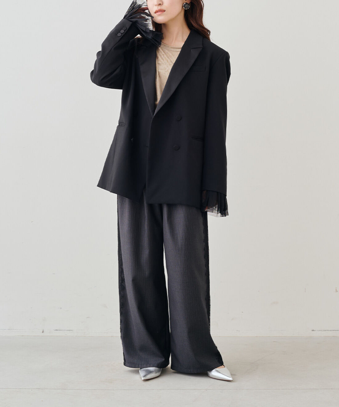 Real Stock|MEDE19F　チュールギャザーカフス〈ブラック〉
