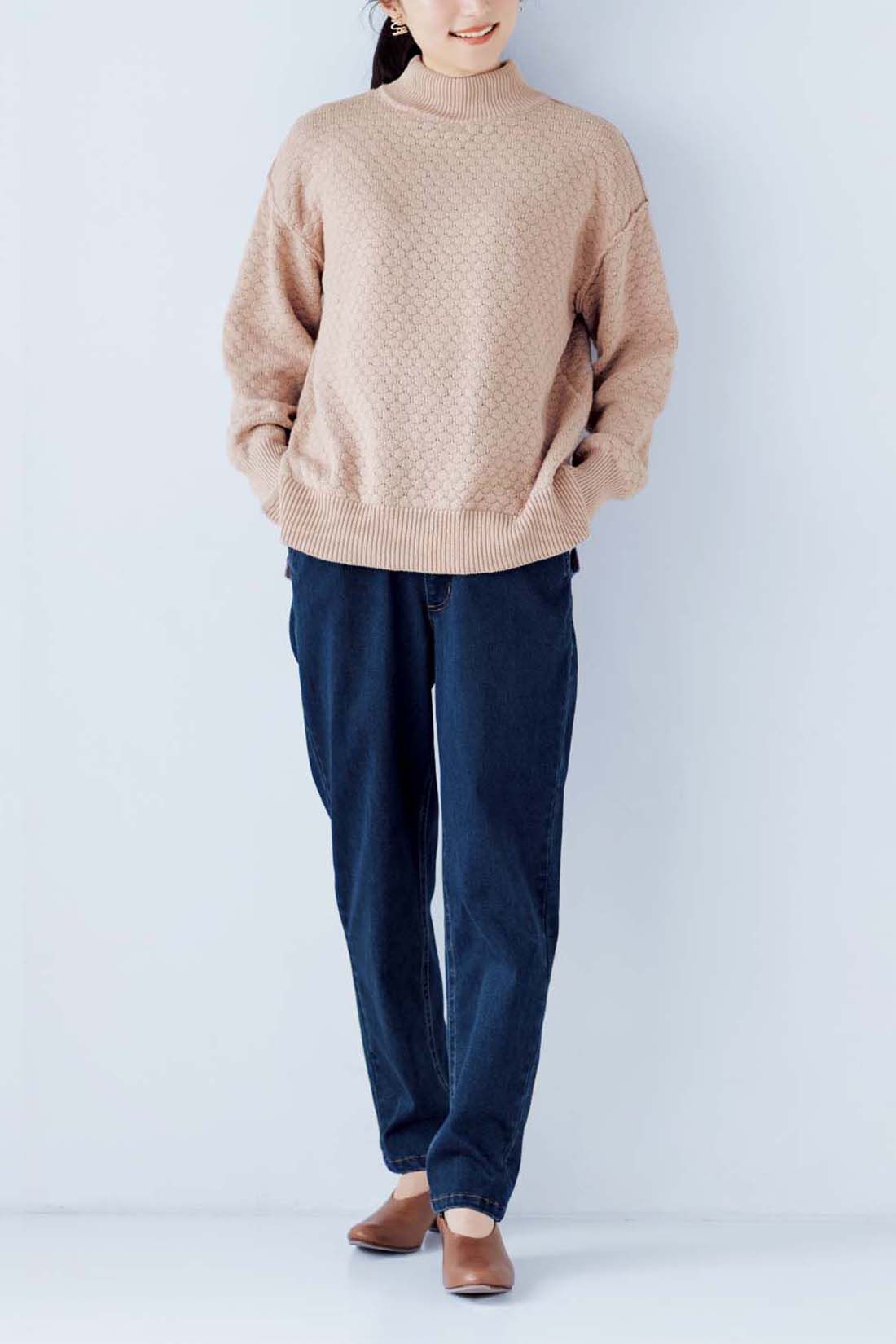 Real Stock|ちくちくしにくいコットン100％のポコポコ編みニット〈ベージュ〉【おはだが気になるみんなへ】