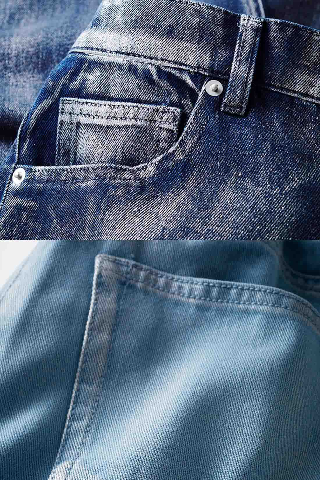 Real Stock|IEDIT[イディット]　キラリと新鮮　箔（はく）プリントがほのかに映える　ゆるテーパードデニムパンツ〈ネイビー〉|ほどよい厚みのデニムに箔プリントをほどこし、洗いをかけているから、場所によって出るムラの違いを楽しんで。