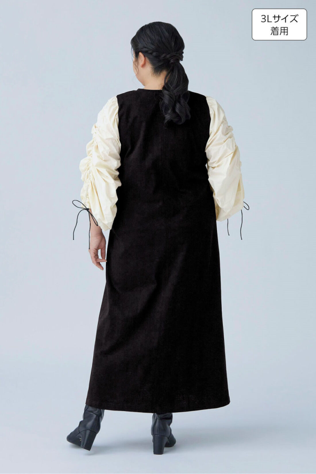 Real Stock|MEDE19F　異素材スリーブワンピース〈ブラック&times;ホワイト〉|身長：160cm バスト：113cm ウエスト：90cm ヒップ：115cm 太ももまわり：63cm