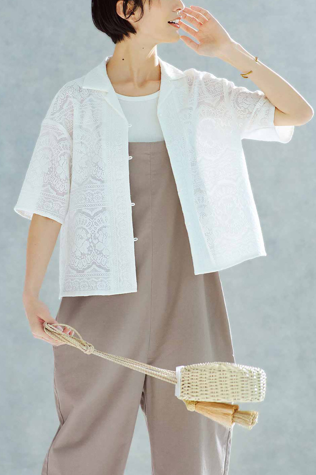 Real Stock|IEDIT[イディット]　きくちあつこさんコラボ さらっと着られて華やげる 総レースハーフスリーブシャツ〈ホワイト〉