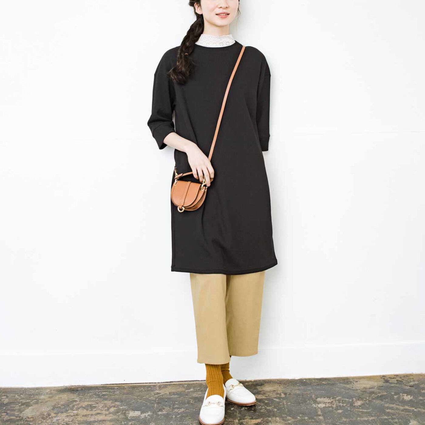 Real Stock|フラウグラット 伸びやからくちん♪ 着心地さらりのきれいめワッフルチュニック〈アイボリー〉|これは参考画像です。お届けするカラーとは異なります。