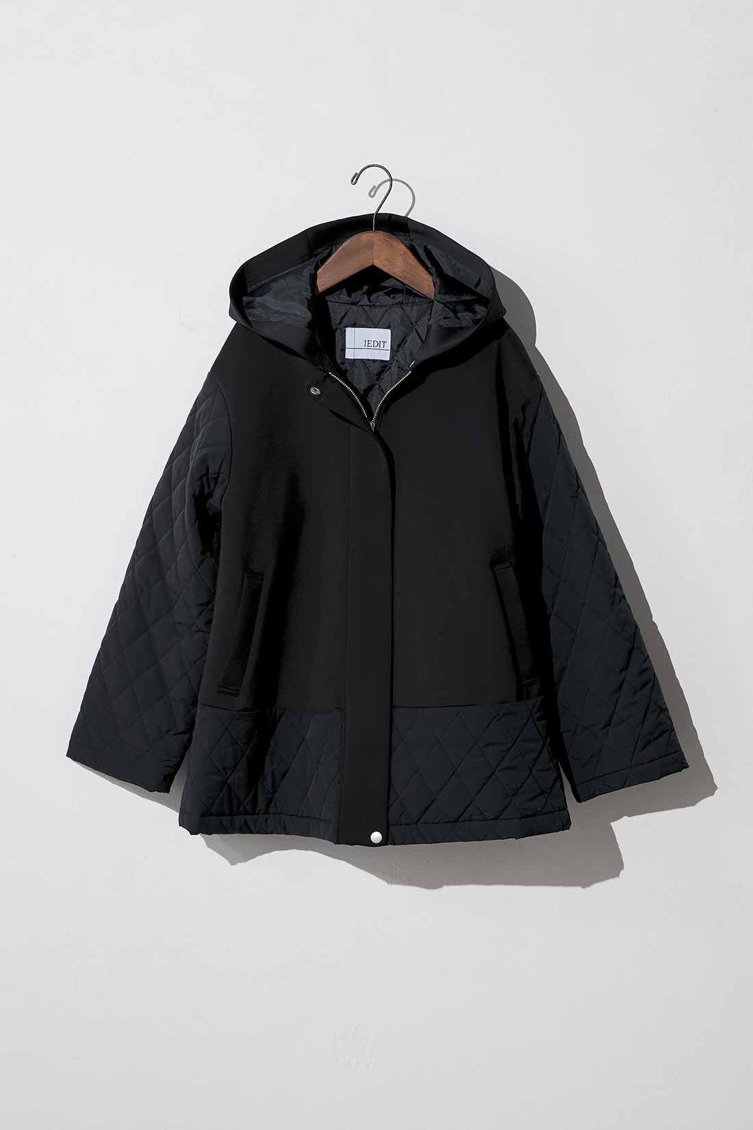 Real Stock|IEDIT[イディット]　すっきり着られるダンボール素材&times;キルティングの上品切り替えコート〈ブラック〉