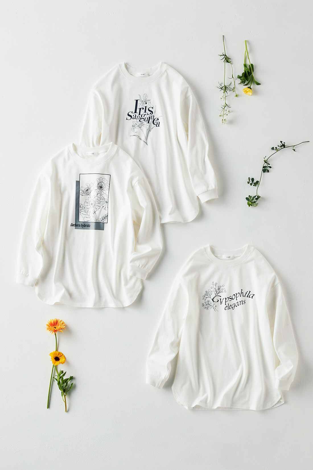 Real Stock|Live love cotton（R）プロジェクト IEDIT[イディット]　大人のためのモノトーンフラワーロゴプリントTシャツ〈アヤメ〉