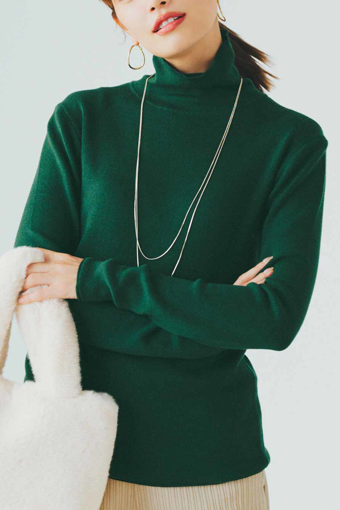 Real Stock|リブ イン コンフォート 吸湿発熱コットン素材のやわらかほか綿タートルニットトップス〈グリーン〉