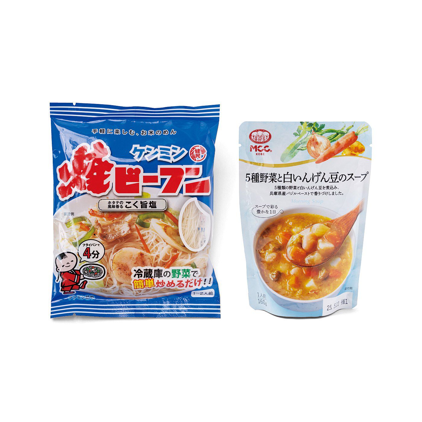 フェリシモコレクション|みんなのBOSAI　もしもしも　備蓄でお守り ＫＯＢＥ ＢＯＸ２|■セット内容/焼ビーフンこく旨塩（70g）1個、5種野菜と白いんげん豆のスープ（160g）1袋