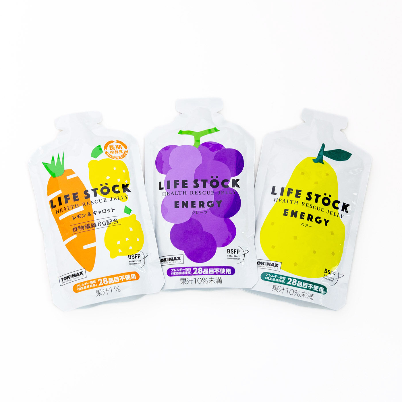 フェリシモコレクション|もしもしも防災　LIFE STOCK備蓄ゼリーセット（3種類）の会|レモン＆キャロット・グレープ・ペアー