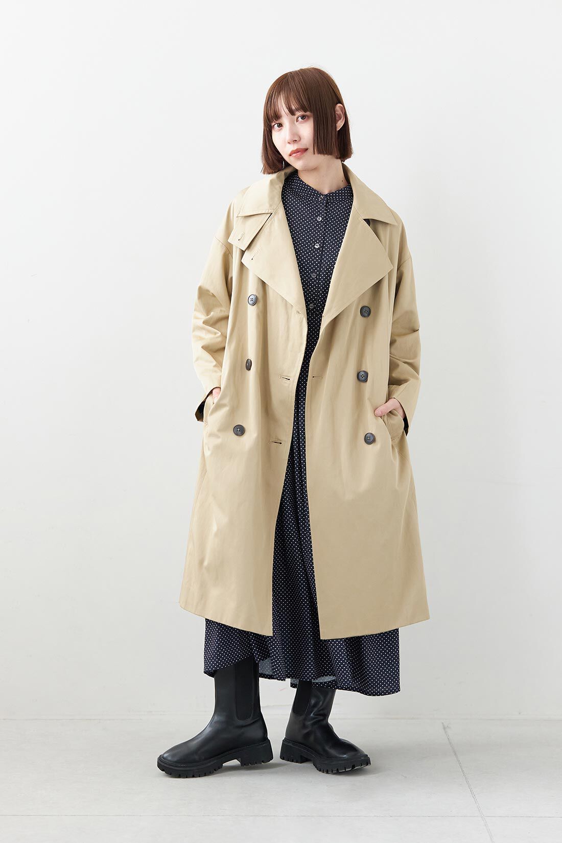 フェリシモコレクション|フェリシモプチ【低身長×多サイズ展開】ロング丈でもすっきり見えるドットプリントワンピース〈ネイビー〉