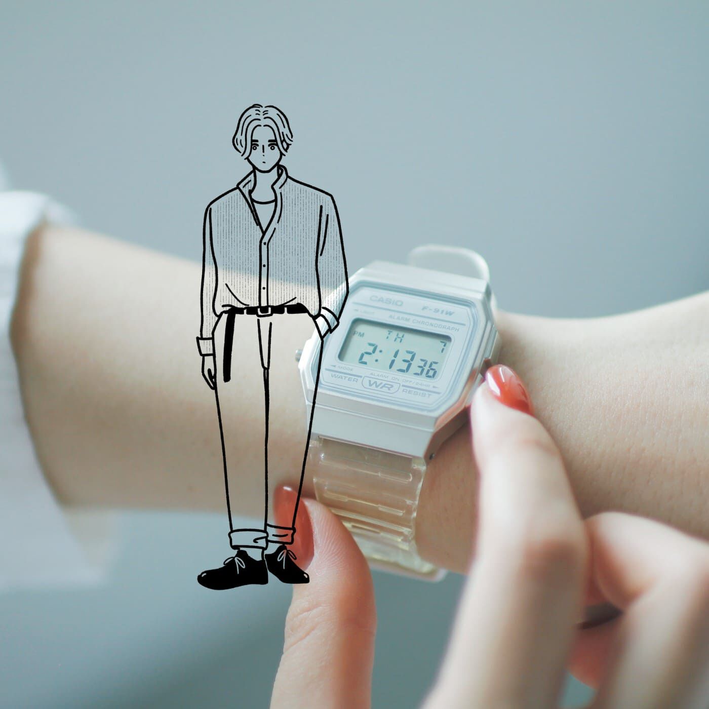 フェリシモコレクション|このごろ meets CASIO 推しカシ　儚（はかな）げなクリオネボーイ〈F-91WS-7JH〉|推しカシといっしょに。向こう側が透けちゃうくらい透明感のあるボーイを頭の中で妄想して……
