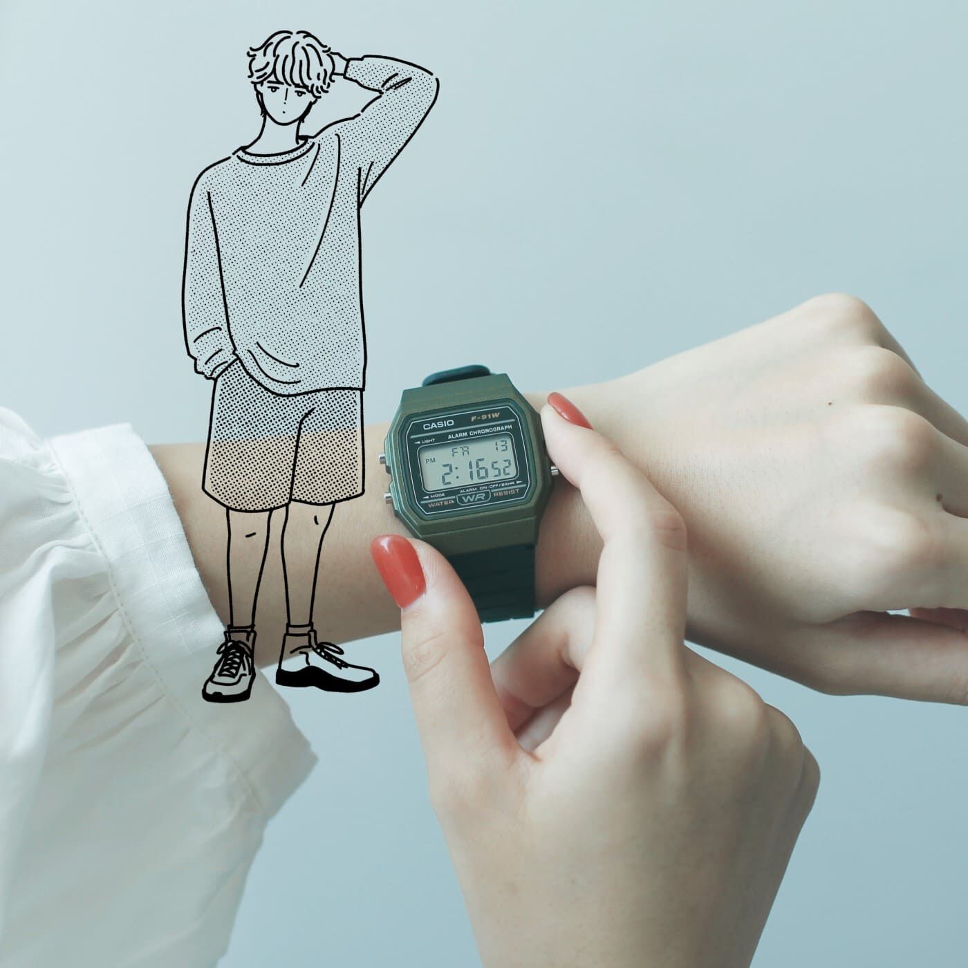 フェリシモコレクション|このごろ meets CASIO 推しカシ　ナチュラルエアボーイ〈F-91WM-3AJH〉|推しカシといっしょに。どこにでもいそうな自然体で気取らないボーイに、心がほぐれる感覚……