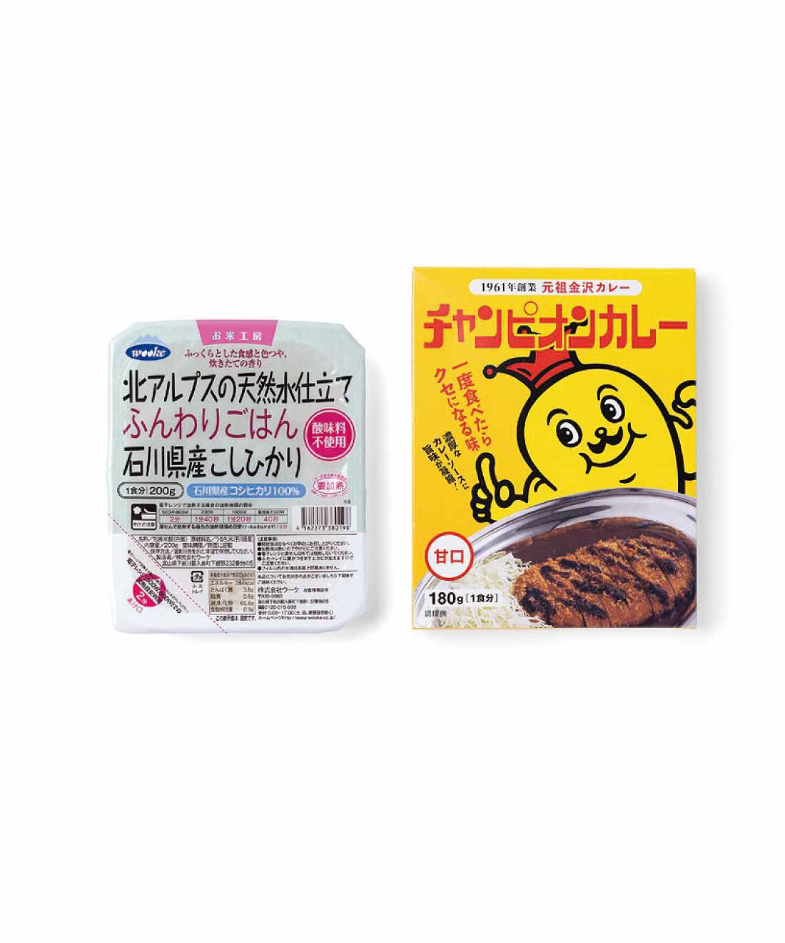 フェリシモコレクション|みんなのBOSAI もしもしも 備蓄でお守り3 北陸BOX|■セット内容／チャンピオンカレー甘口（180g）1個、北アルプスの天然水仕立てふんわりごはん　石川県産こしひかり（200g）1個