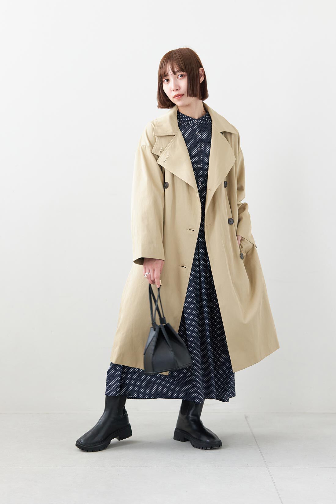 フェリシモコレクション|フェリシモプチ【低身長×多サイズ展開】ロング丈でもすっきり見えるドットプリントワンピース〈ネイビー〉