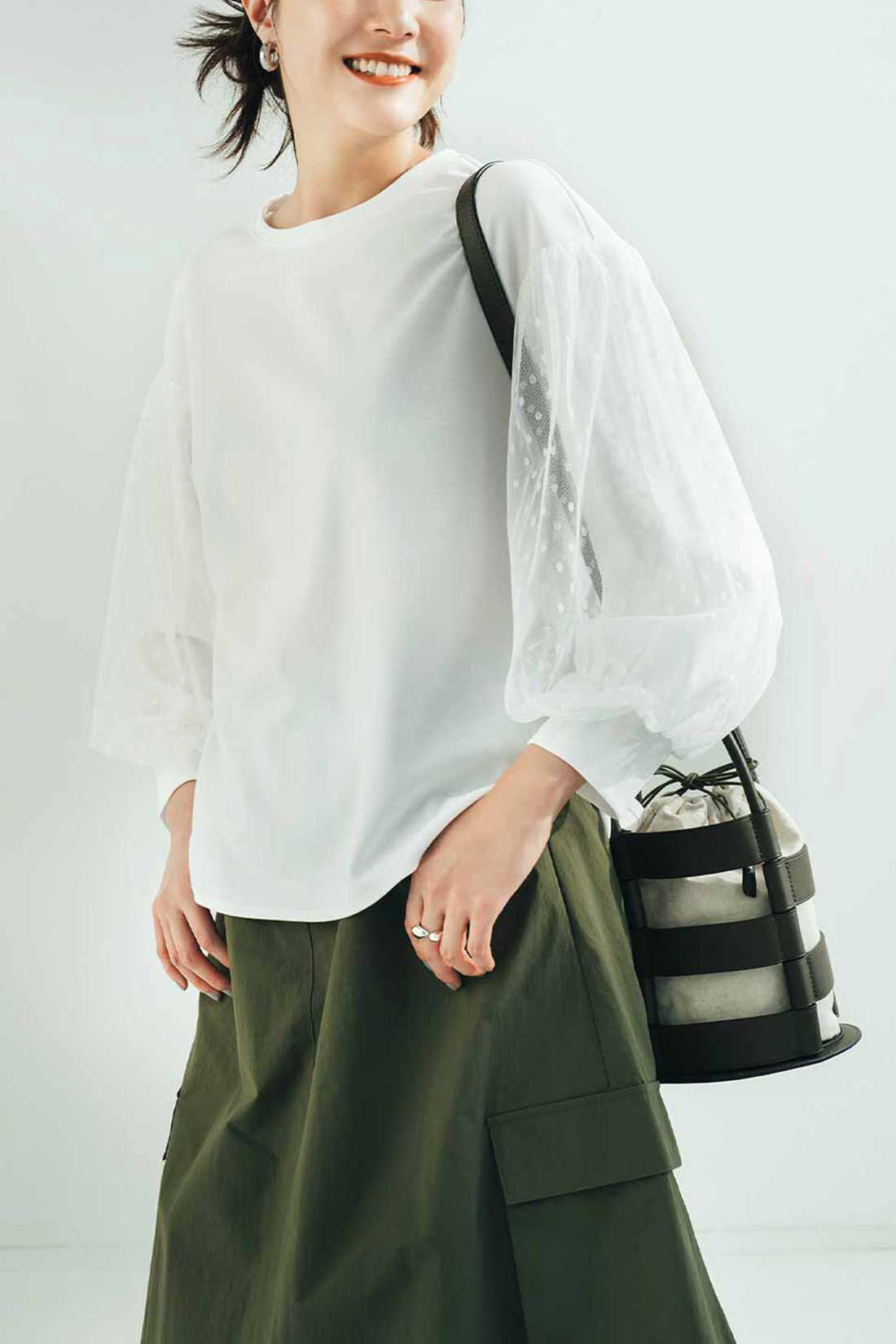 IEDIT|IEDIT[イディット]　袖チュール重ねのカットソージョーゼットトップス