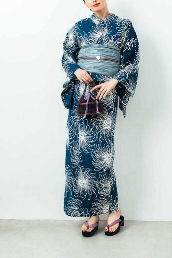 IEDIT | 着付けいらず セパレート 浴衣 へこ帯 セット〈藍色×水色〉