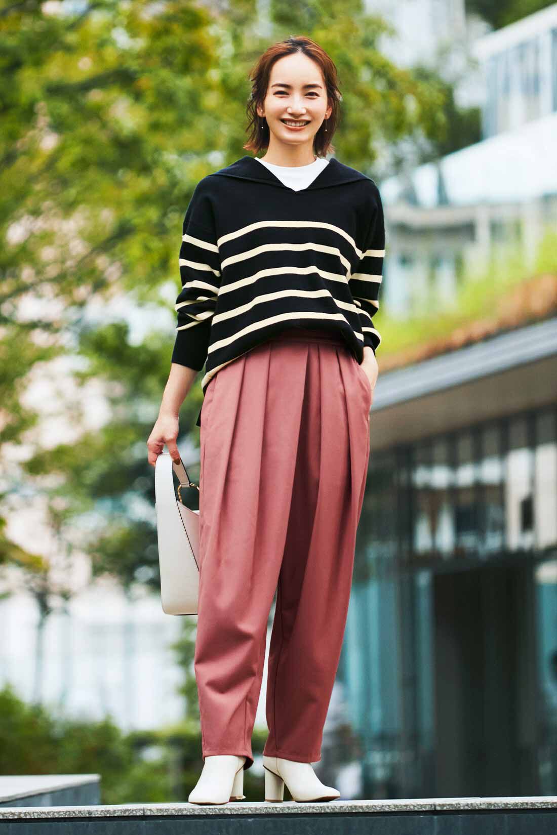 IEDIT|もちもち素材 パネルボーダー セーラーカラー ニット プルオーバー〈黒&times;アイボリー〉のコーディネート