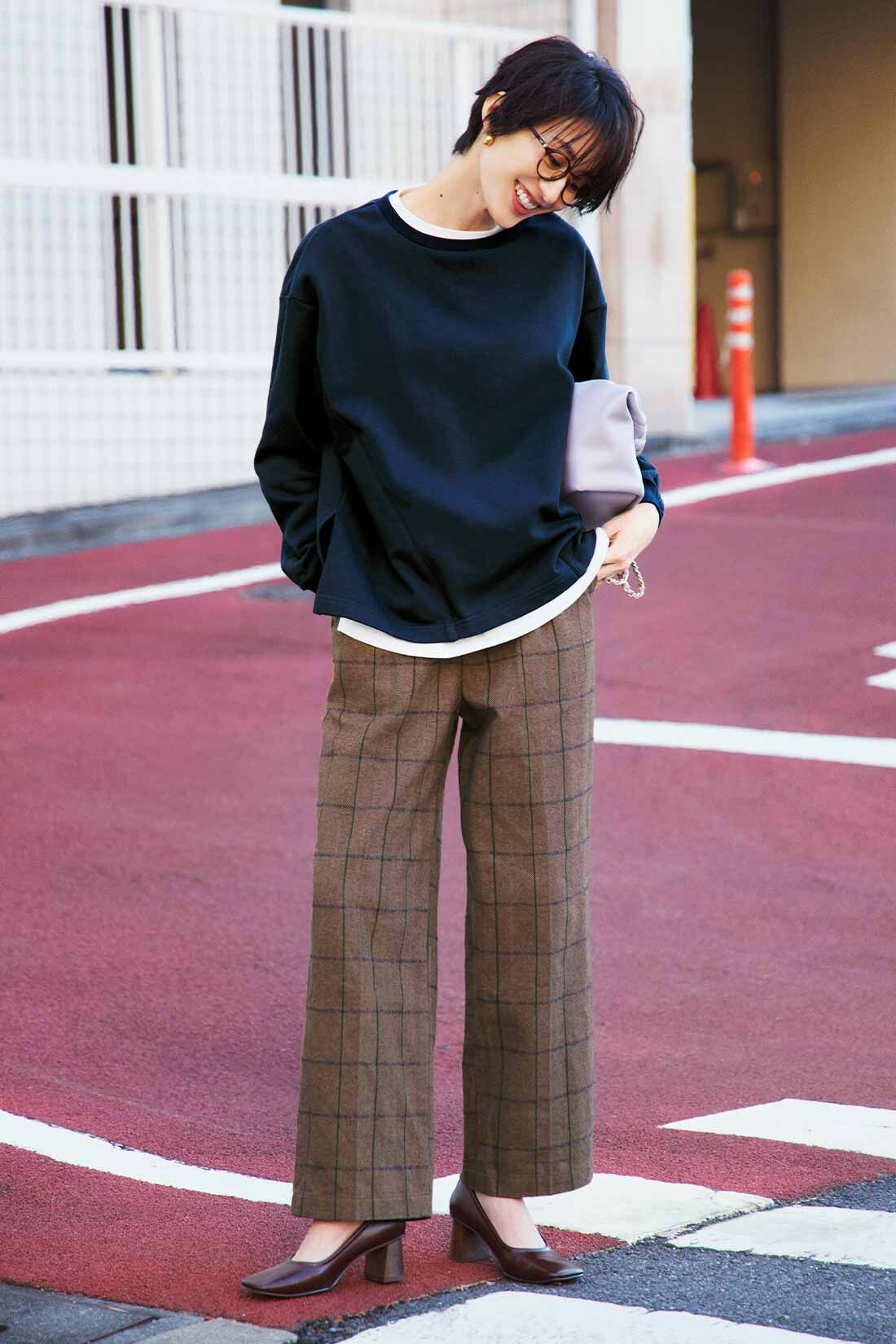 IEDIT|IEDIT[イディット]　コットン100％の起毛素材で肌心地やさしいチェックワイドパンツ