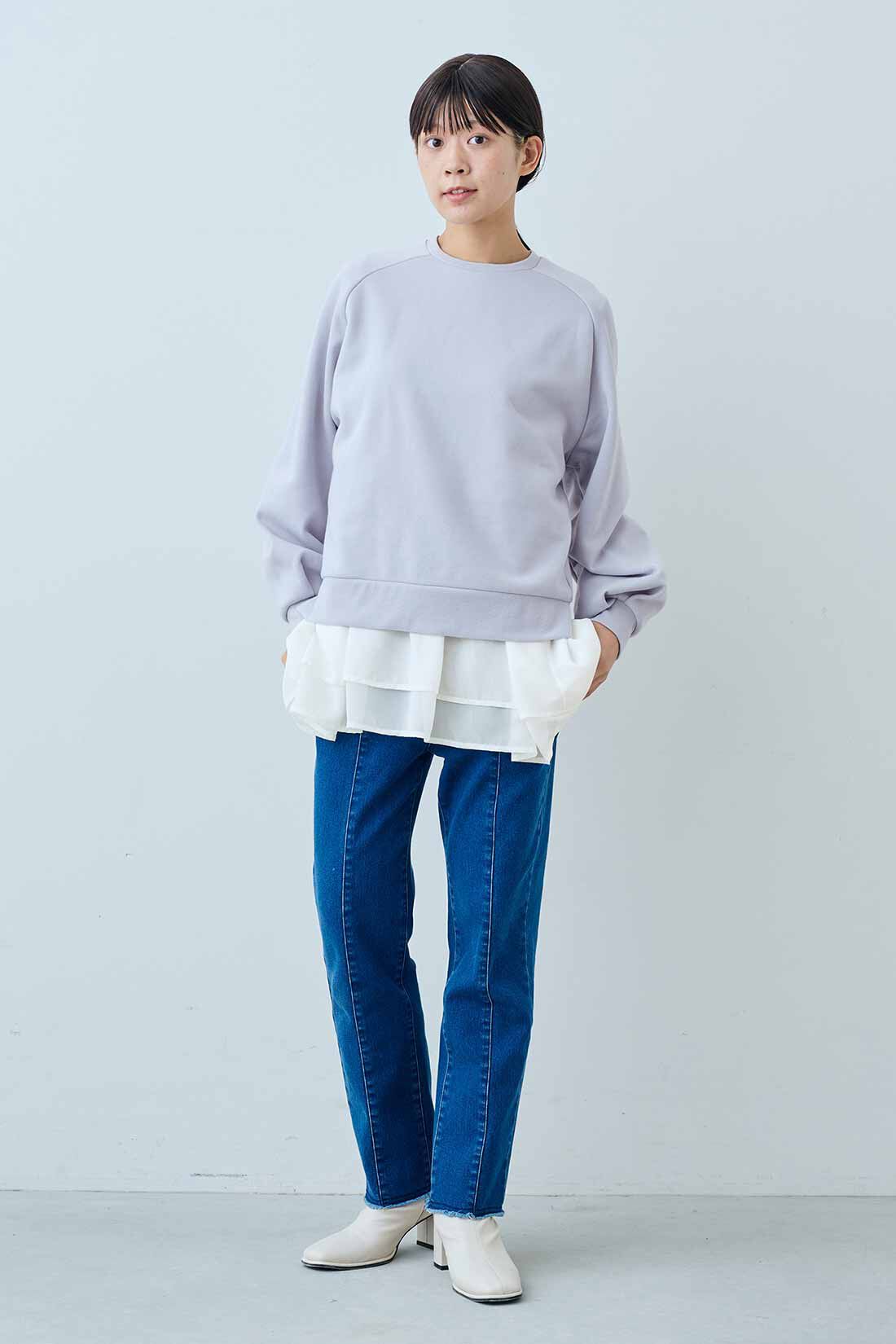 IEDIT|IEDIT[イディット]　裏微起毛でふんわりやさしい肌心地のすっきり細見えストレートデニムパンツ〈ブルー〉|モデル身長：163cm　着用サイズ：M