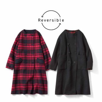 きくちあつこさんコラボ チェックと無地 2WAYリバーコート〈レッドチェック×ブラック〉