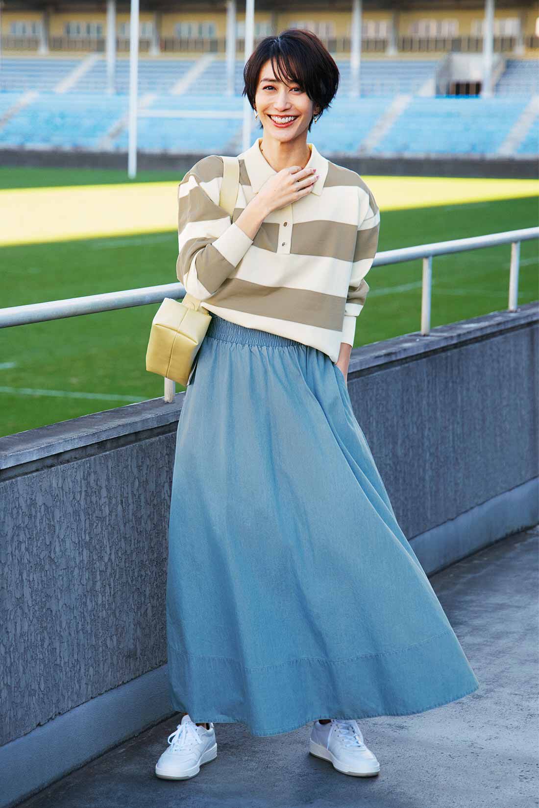 IEDIT|IEDIT[イディット]　すそ切り替えで着映え 接触冷感・UVケアがうれしいほのつやライトオンスデニムのフレアースカート